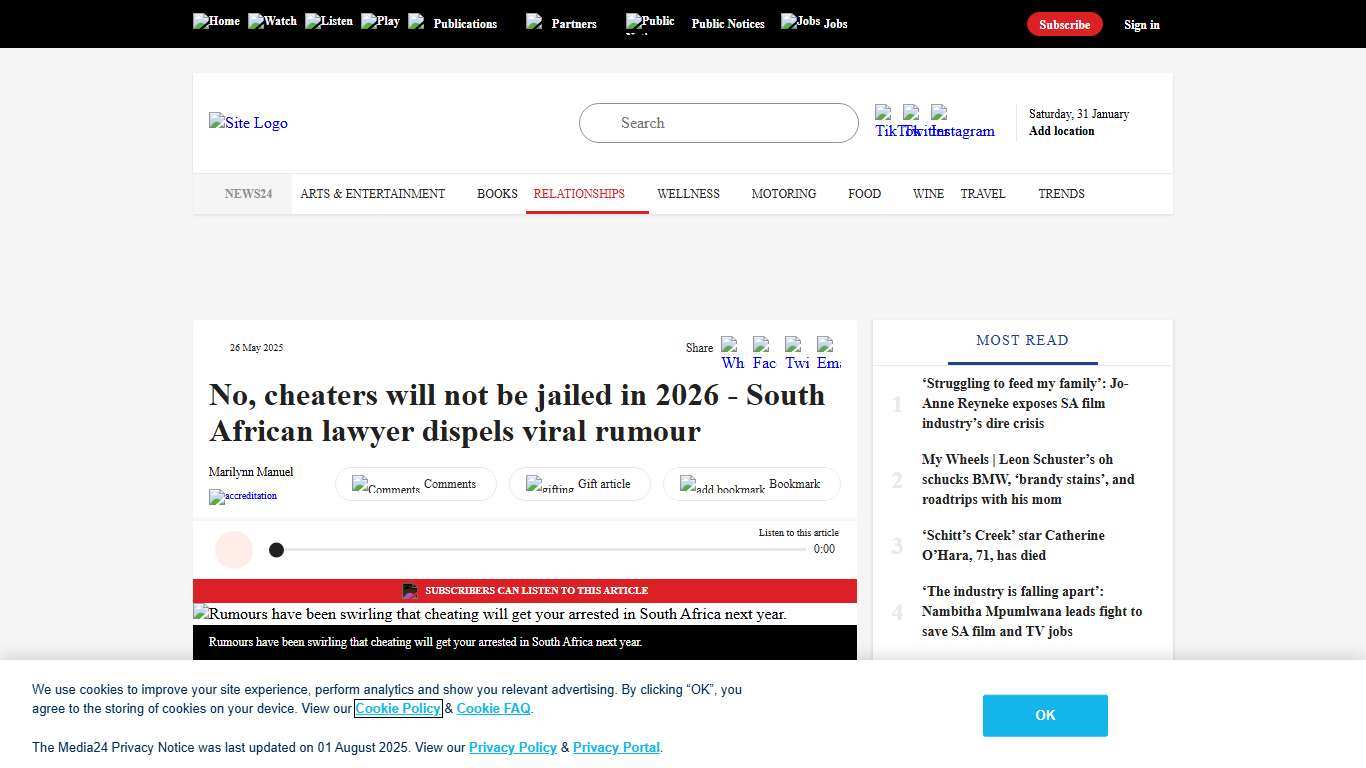 No, cheaters will not be jailed in 2026 - South African lawyer dispels viral rumour News24